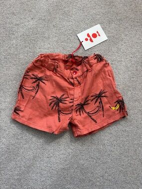Bobo Choses Coral Palm-Print Shorts with Yellow Banana Accent